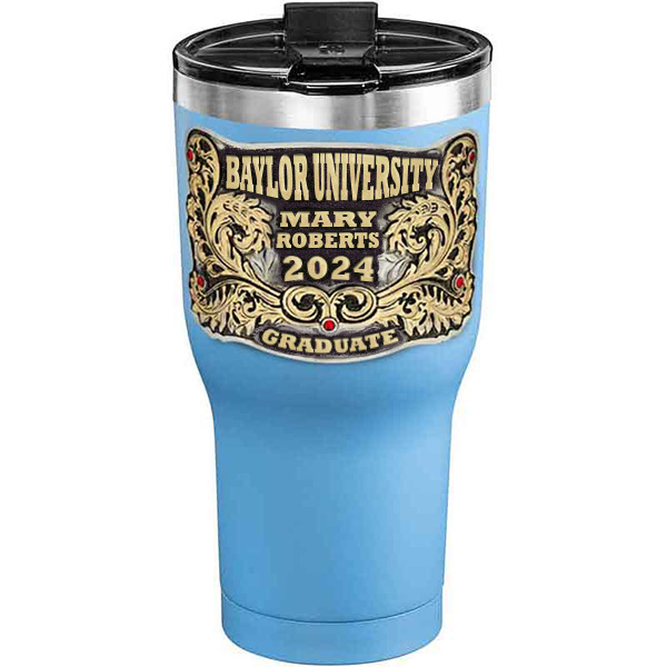 A customized tumbler made of stainless steel with a personalized engraved name and Baylor University lettering, 30 oz, ideal for coffee or cool drinks